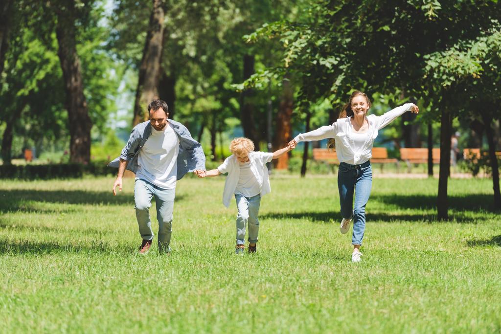 heyecanlı aile el ele tutuşuyor ve gündüz parkta koşuyor - Fotoğraf, Görsel