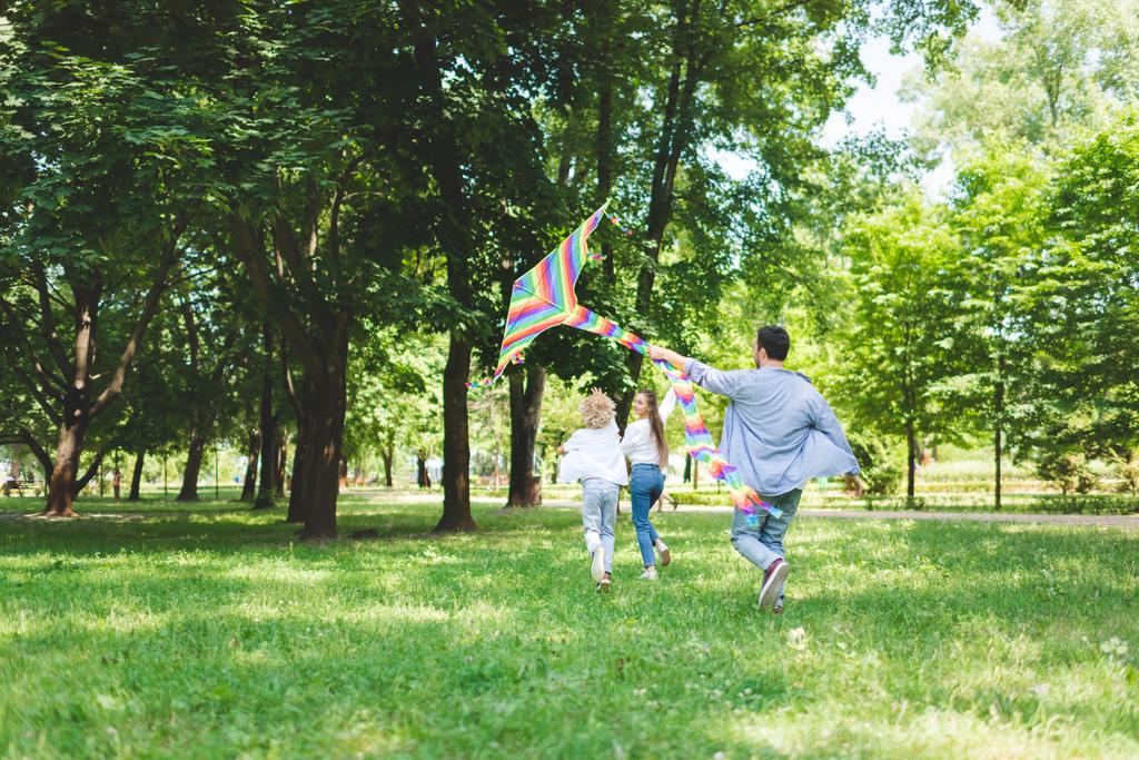 famille excitée courir et jouer avec cerf-volant dans le parc pendant la journée
 - Photo, image
