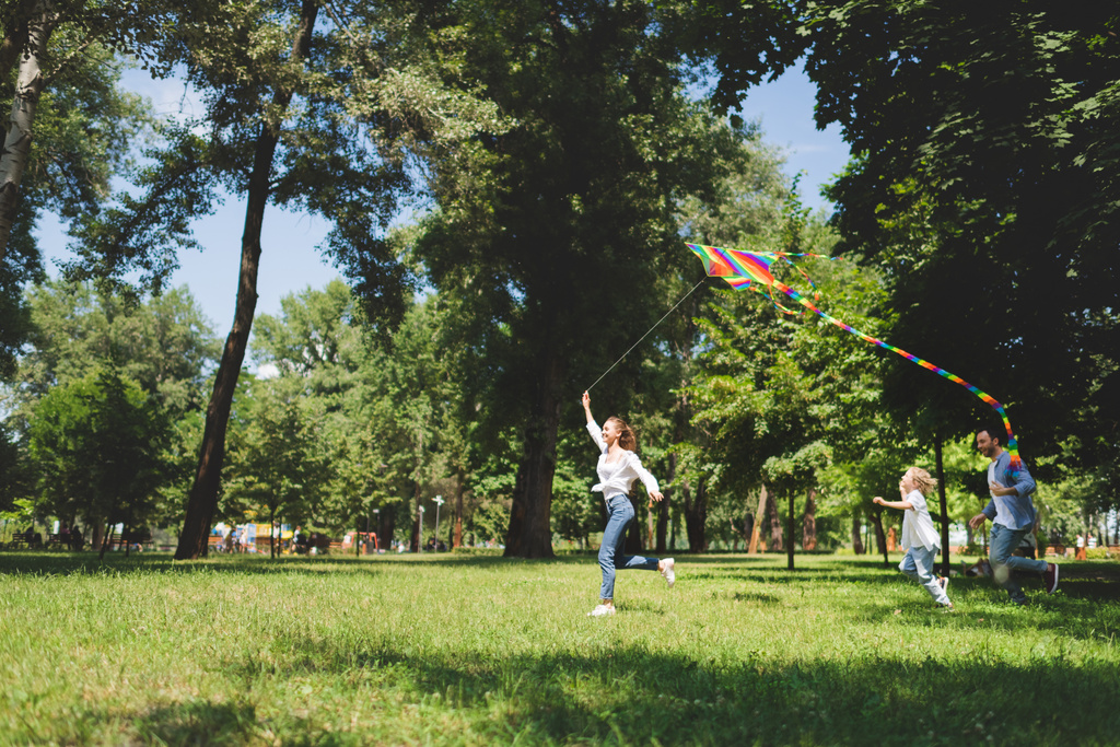 コピースペースで公園で飛ぶ凧で遊んで幸せな家族が走って遊ぶ - 写真・画像