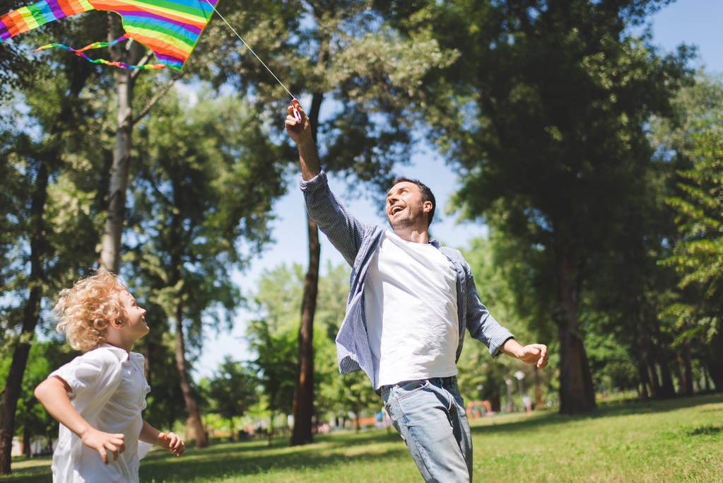 vzrušený otec a rozkošný syn hrající s kolofrulem létajícím drakem v parku - Fotografie, Obrázek