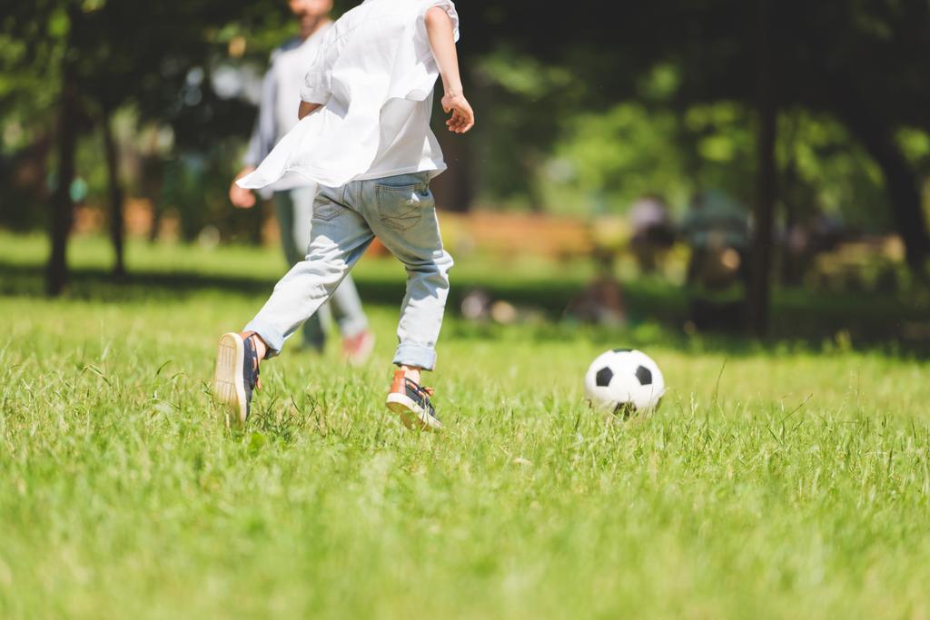 vista trasera del niño jugando al fútbol en el parque durante el día
 - Foto, imagen