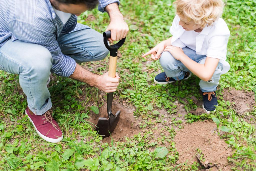 vista ritagliata del padre terreno di scavo con pala vicino al figlio per piantare piantina di semenzaio nel parco
 - Foto, immagini