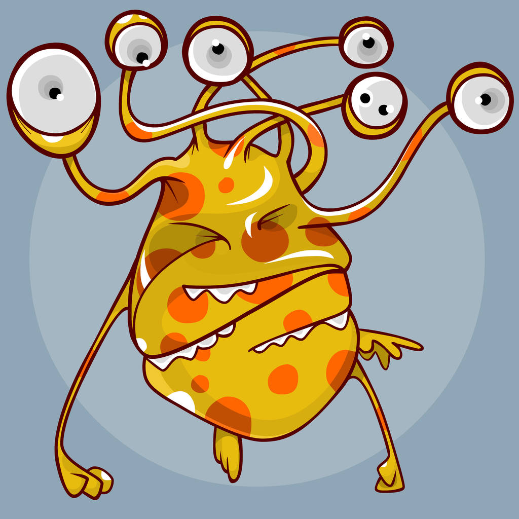 criatura cartoon fantástico de cor amarela com manchas com um monte de olhos e bocas
 - Vetor, Imagem
