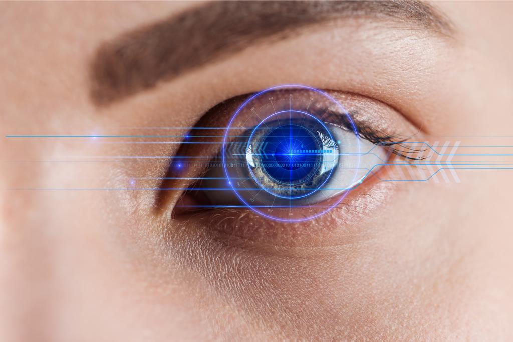 vista de cerca de ojo de mujer con ilustración de datos, concepto robótico
 - Foto, Imagen