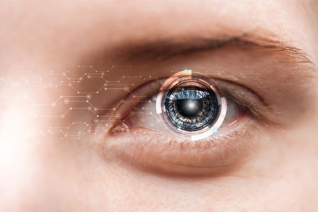Nahaufnahme des menschlichen Auges mit Datenillustration, Roboterkonzept - Foto, Bild
