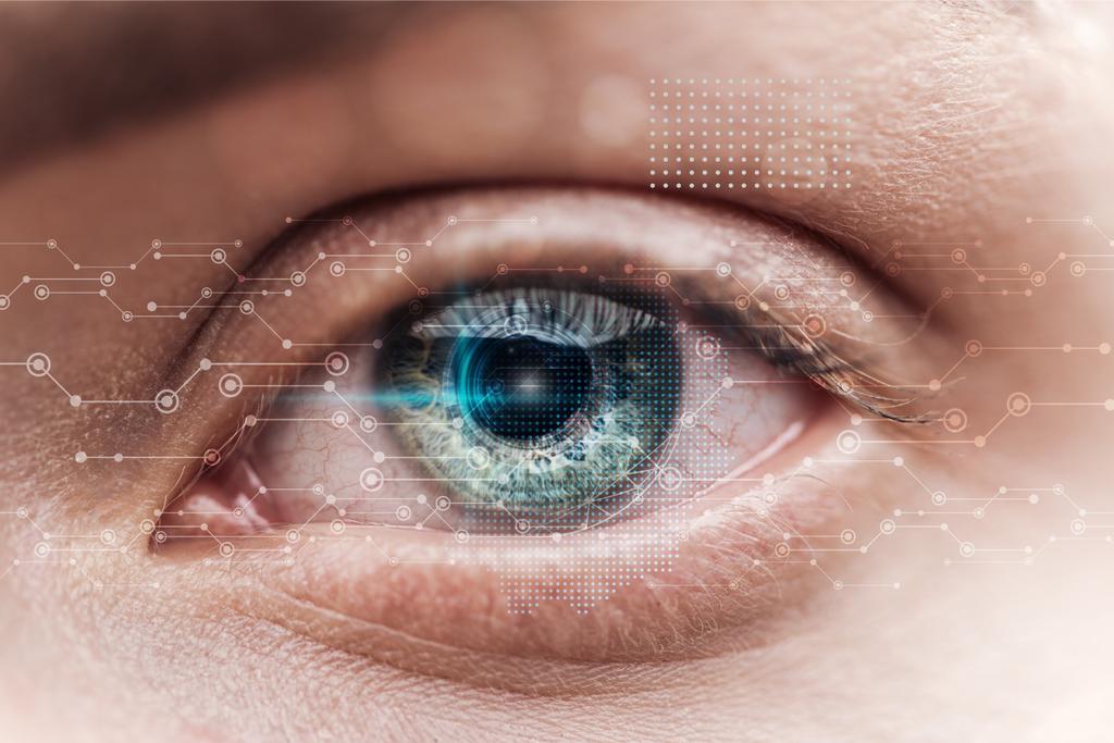 データイラスト、ロボットコンセプトで人間の緑色の目のクローズアップビュー - 写真・画像