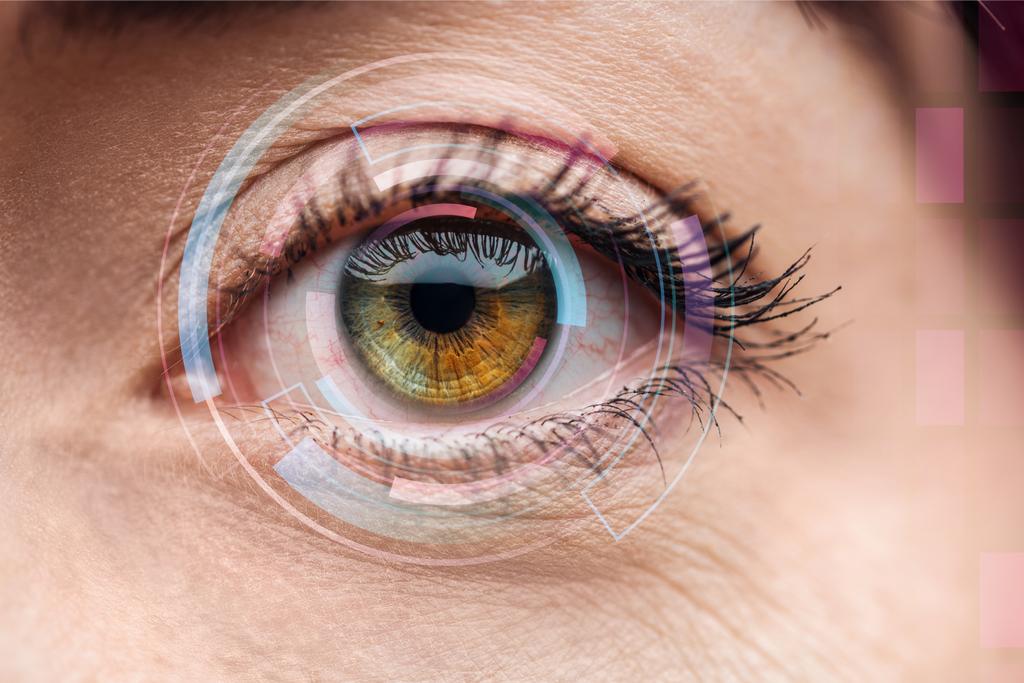 visione ravvicinata di occhio colorato umano con illustrazione dei dati, concetto robotico
 - Foto, immagini