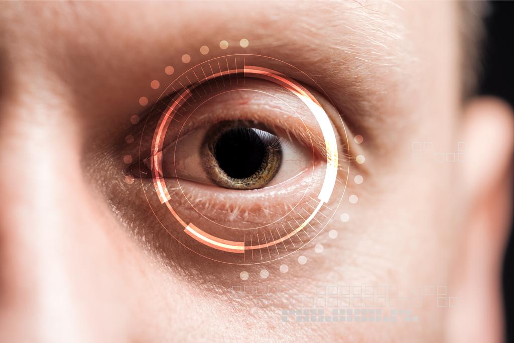 zbliżenie ludzkiego oka z ilustracją danych, koncepcją robotyki - Zdjęcie, obraz