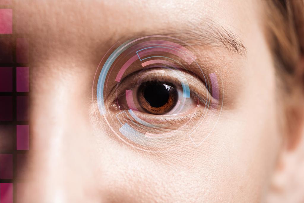 zbliżenie ludzkiego oka z ilustracją danych, koncepcją robotyki - Zdjęcie, obraz
