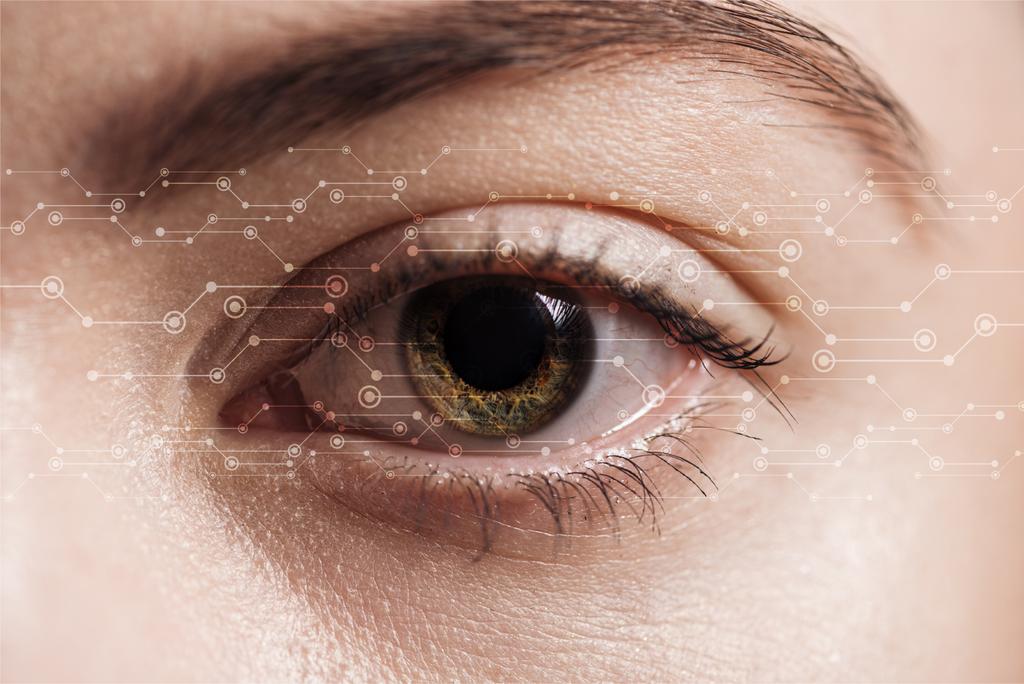 Close-up van het menselijk oog met gegevens illustratie, Robotic concept - Foto, afbeelding