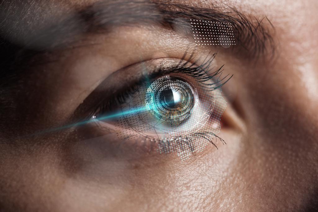 visão de perto do olho humano com ilustração de dados, conceito robótico
 - Foto, Imagem