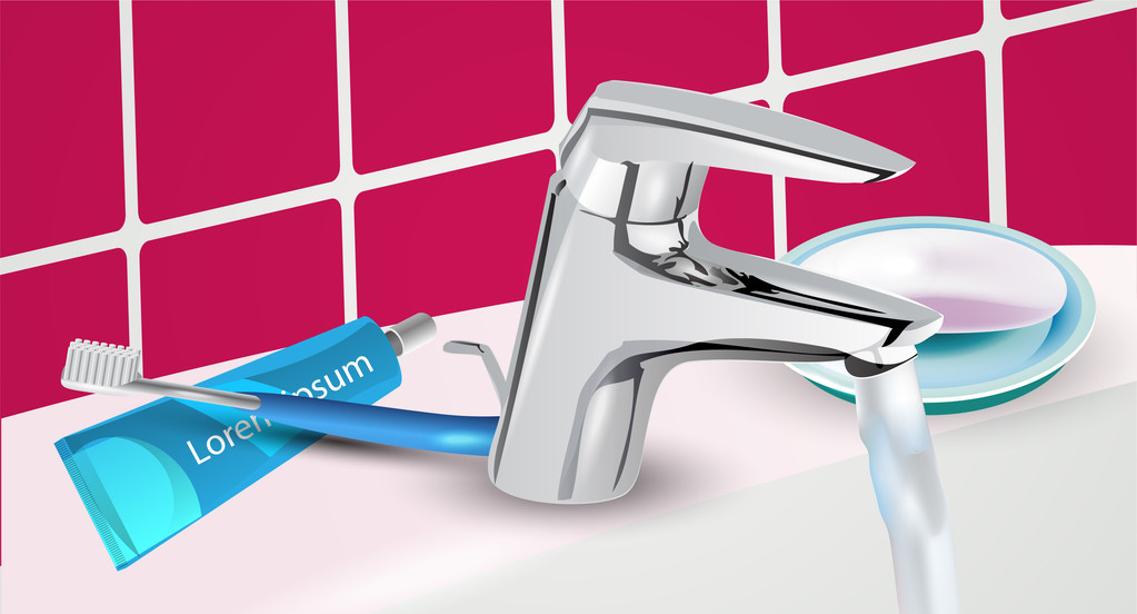 Escova de dentes e pasta de dentes na pia
 - Vetor, Imagem