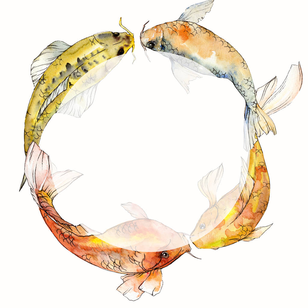 Watercolor aquatic underwater tropical fish set. Red sea and exotic fishes inside: Goldfish. Frame border square. - Photo, Image