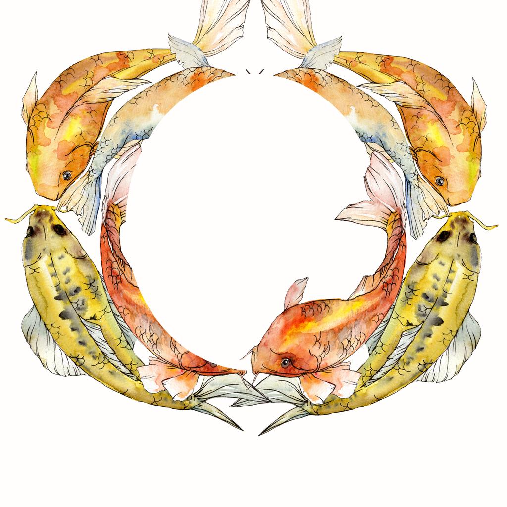Aquarela aquática subaquática conjunto de peixes tropicais. Mar vermelho e peixes exóticos dentro: Goldfish. Quadro fronteira quadrada
. - Foto, Imagem