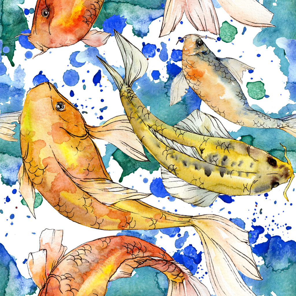 Akwarela wodne podwodne kolorowe tropikalne ryby zestaw. Morze Czerwone i egzotyczne ryby w środku: złote ryby. - Zdjęcie, obraz