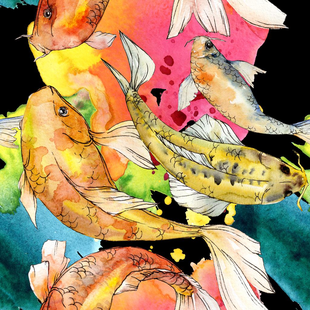Ακουαρέλα υδάτινο υποβρύχιο πολύχρωμο τροπικό ψάρια σετ. Ερυθρά θάλασσα και εξωτικά ψάρια μέσα: χρυσά ψάρια. - Φωτογραφία, εικόνα