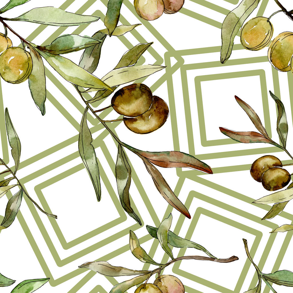Groene olijven aquarel illustratie. Aquarel groen blad naadloze achtergrond patroon. Stof wallpaper print textuur - Foto, afbeelding