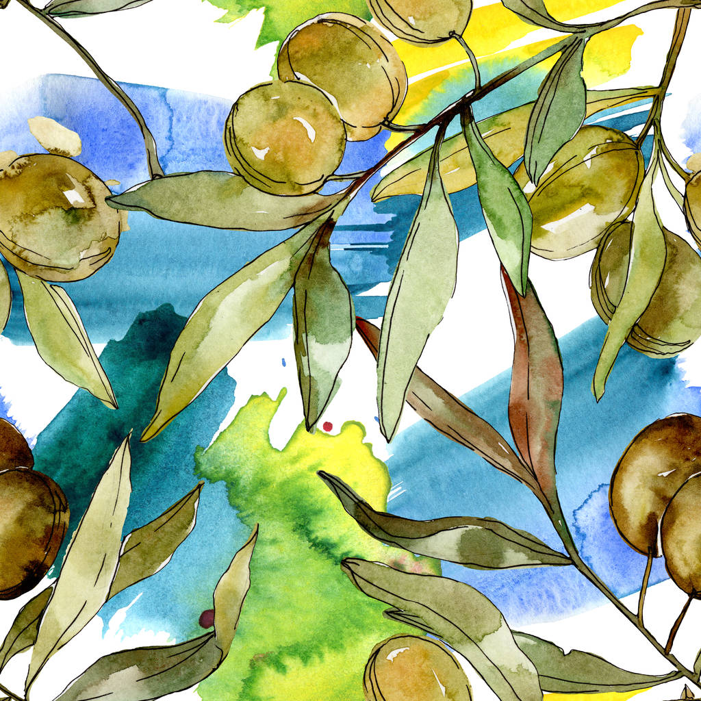 Зелені оливки акварельні ілюстрації. Акварельний зелений листок безшовний фоновий візерунок. Текстура друку тканинних шпалер
 - Фото, зображення