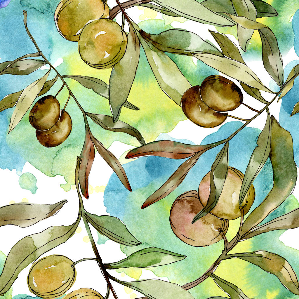 Illustration aquarelle olives vertes. Aquarelle feuille verte motif de fond sans couture. Texture d'impression papier peint tissu
 - Photo, image