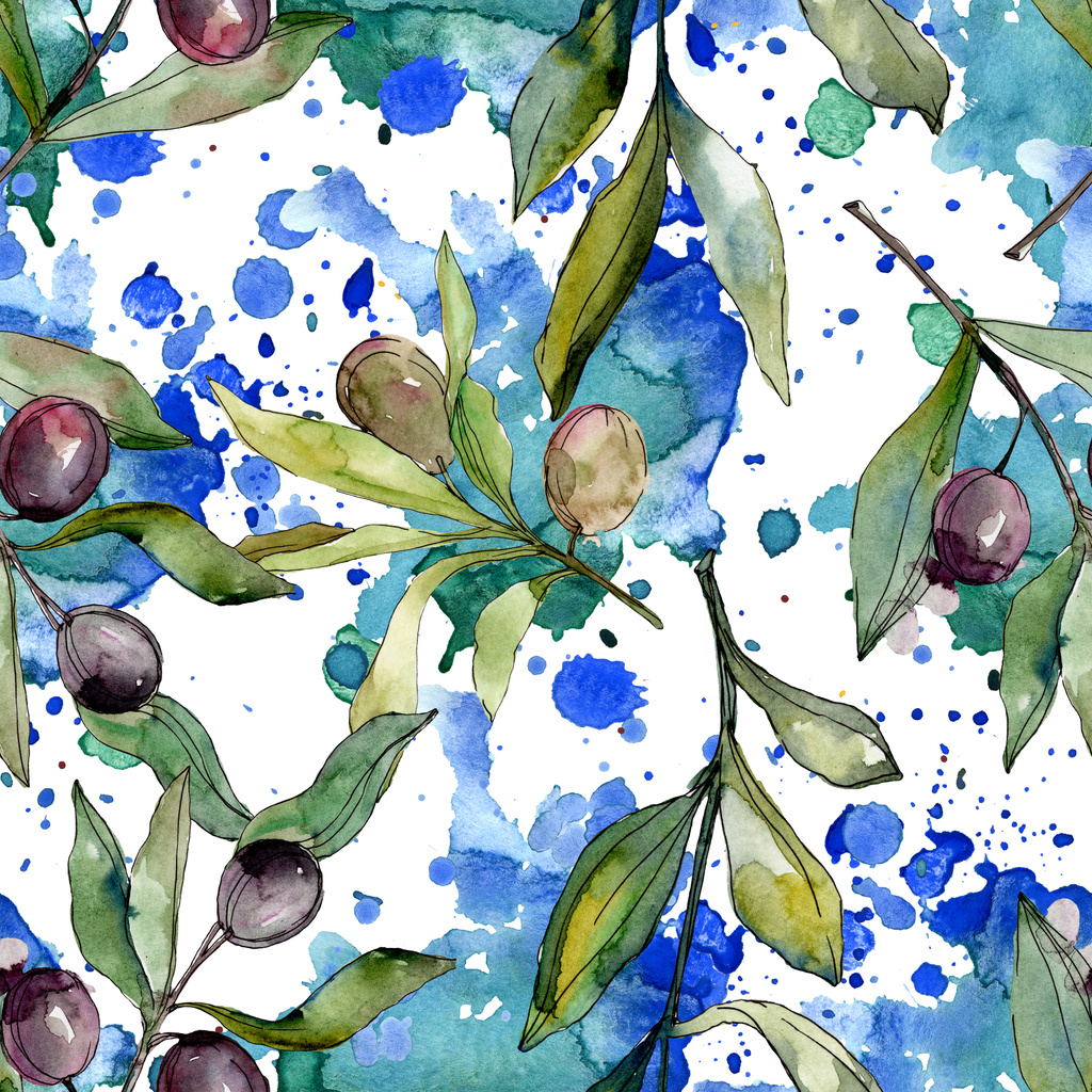 Black olives watercolor illustration set. Watercolour seamless background pattern. Fabric wallpaper print texture. - Photo, Image