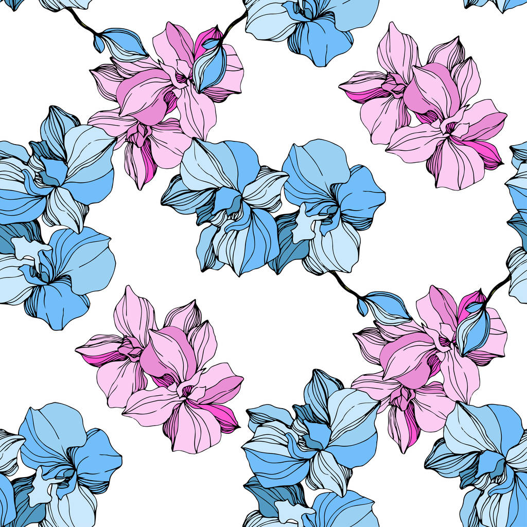 Vector roze en blauwe orchidee bloem. Gegraveerde inkt kunst. Naadloos achtergrond patroon. Stof wallpaper print textuur. - Vector, afbeelding