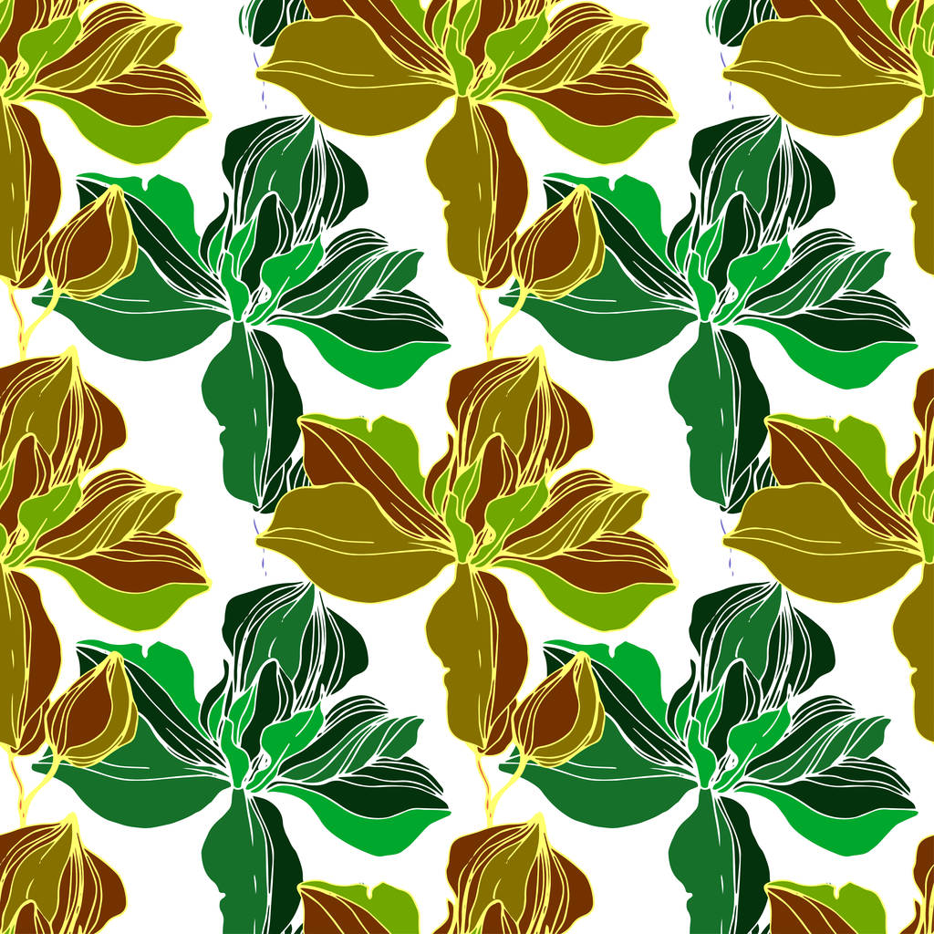 Vector Green orchid botanical flower. Engraved ink art. Seamless background pattern. Fabric wallpaper print texture. - Vector, Image