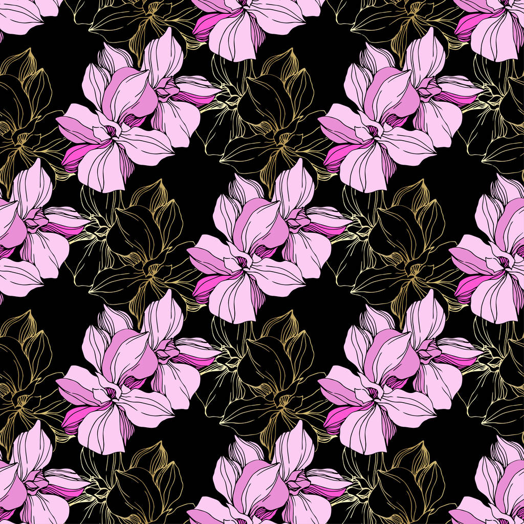 Vector roze orchidee botanische bloem. Gegraveerde inkt kunst. Naadloos achtergrond patroon. Stof wallpaper print textuur. - Vector, afbeelding