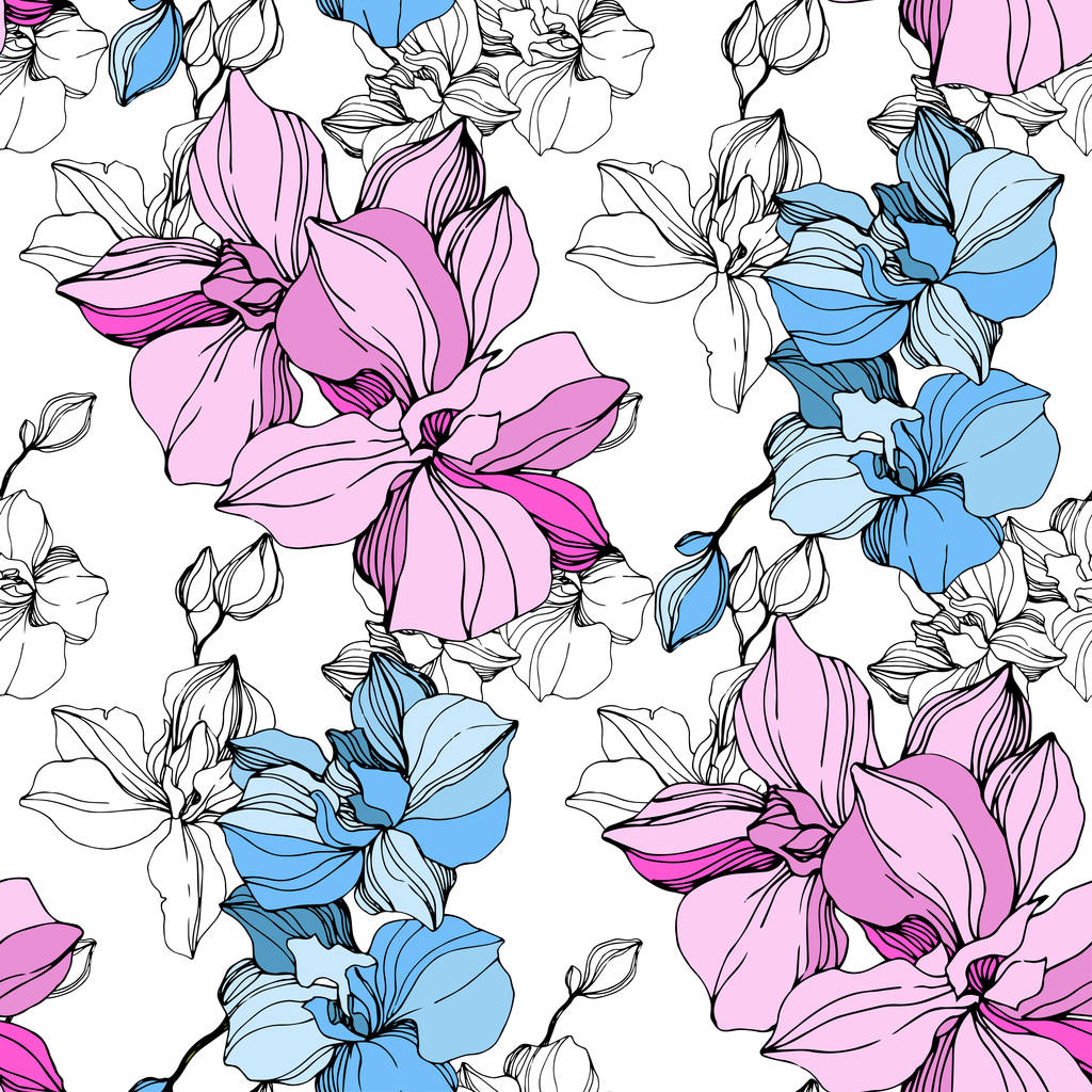Vector Flor de orquídea rosa y azul. Arte de tinta grabada. Patrón de fondo sin costuras. Textura de impresión de papel pintado de tela
. - Vector, Imagen