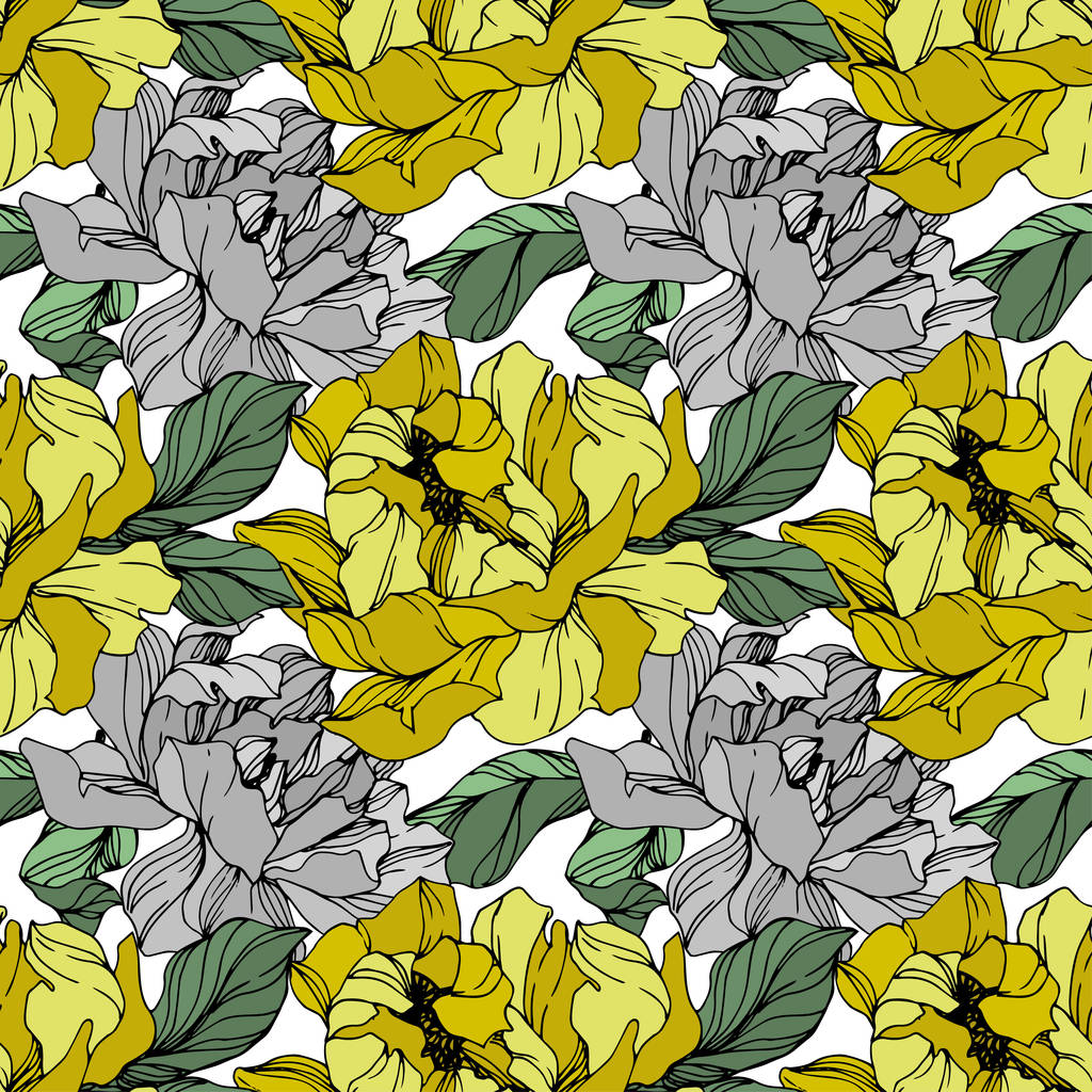 Vector Grey and yellow peony flower. Engraved ink art. Seamless background pattern. Fabric wallpaper print texture. - Vector, Image