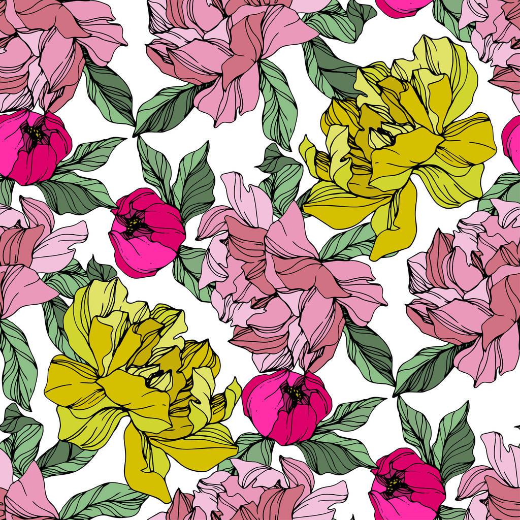 Vector roze en gele Peony bloem. Gegraveerde inkt kunst. Naadloos achtergrond patroon. Stof wallpaper print textuur. - Vector, afbeelding