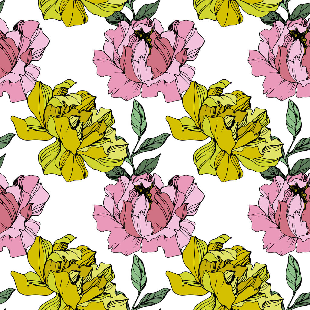 Vector roze en gele Peony bloem. Gegraveerde inkt kunst. Naadloos achtergrond patroon. Stof wallpaper print textuur. - Vector, afbeelding