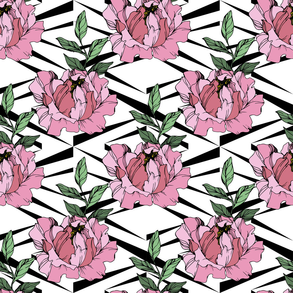 Vector roze pioen bloem. Gegraveerde inkt kunst. Naadloos achtergrond patroon. Stof wallpaper print textuur. - Vector, afbeelding