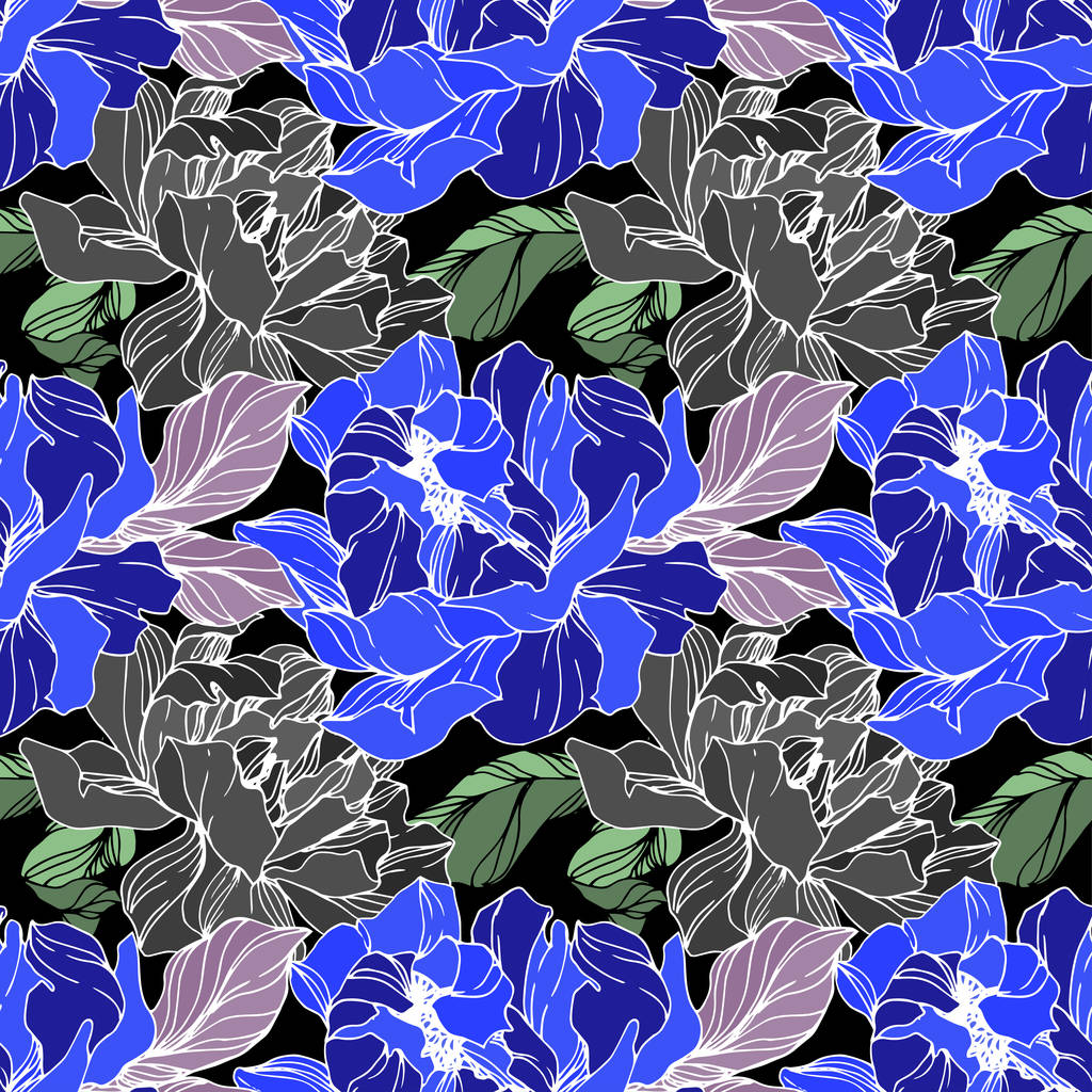 Vector blauwe pioen bloem. Gegraveerde inkt kunst. Naadloos achtergrond patroon. Stof wallpaper print textuur. - Vector, afbeelding