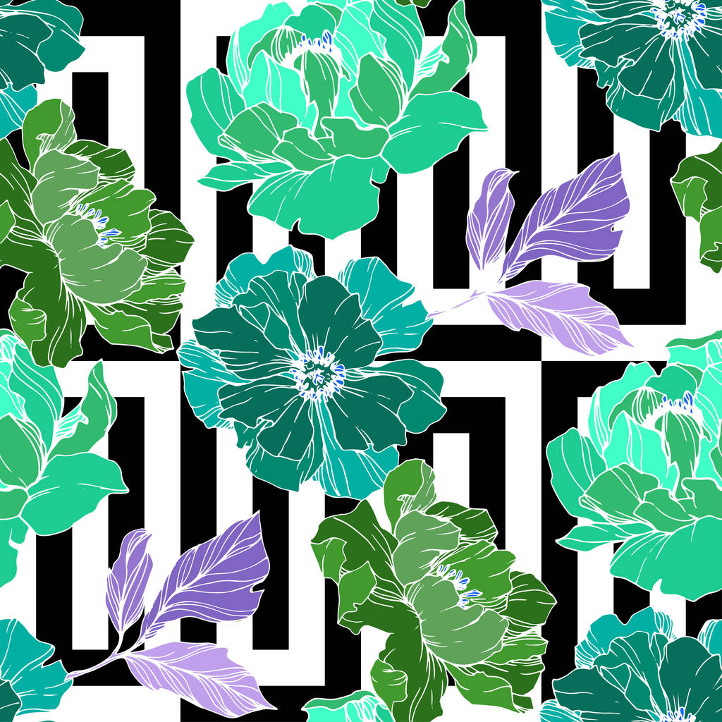 Vector Green peony flower. Engraved ink art. Seamless background pattern. Fabric wallpaper print texture. - Vector, Image