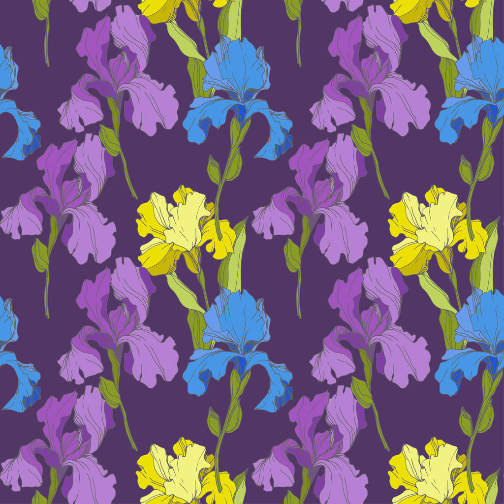 Vector Iris floral botanical flower. Seamless background pattern. Fabric wallpaper print texture. - Vector, Image