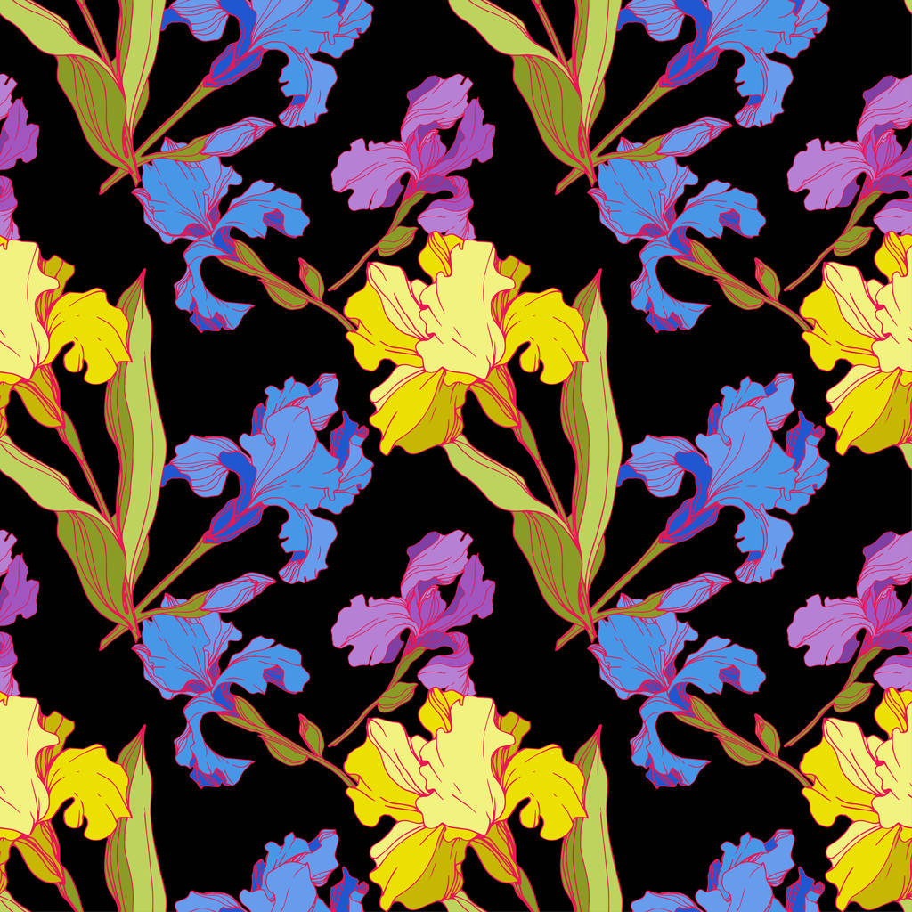 Vektor-Iris florale botanische Blume. nahtlose Hintergrundmuster. Stoff Tapete drucken Textur. - Vektor, Bild
