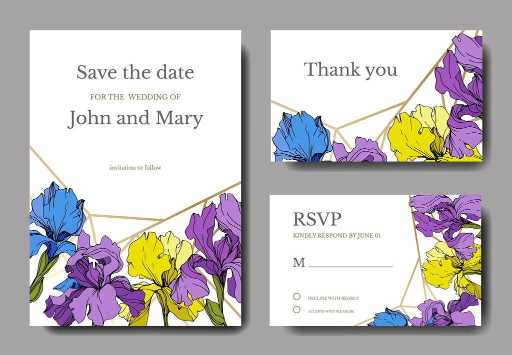 Κάρτες γαμήλια προσκλητήριο με ίριδες και γράμματα - Διάνυσμα, εικόνα