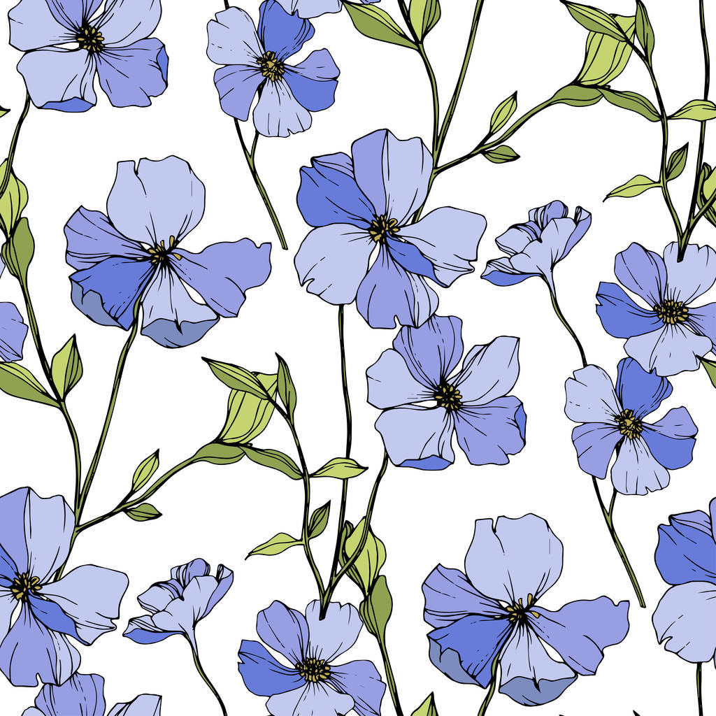 Vektor kék len botanikai virág. Gravírozott tinta művészet. Folytonos háttérmintázat. Szövet tapéta nyomtatási textúra. - Vektor, kép