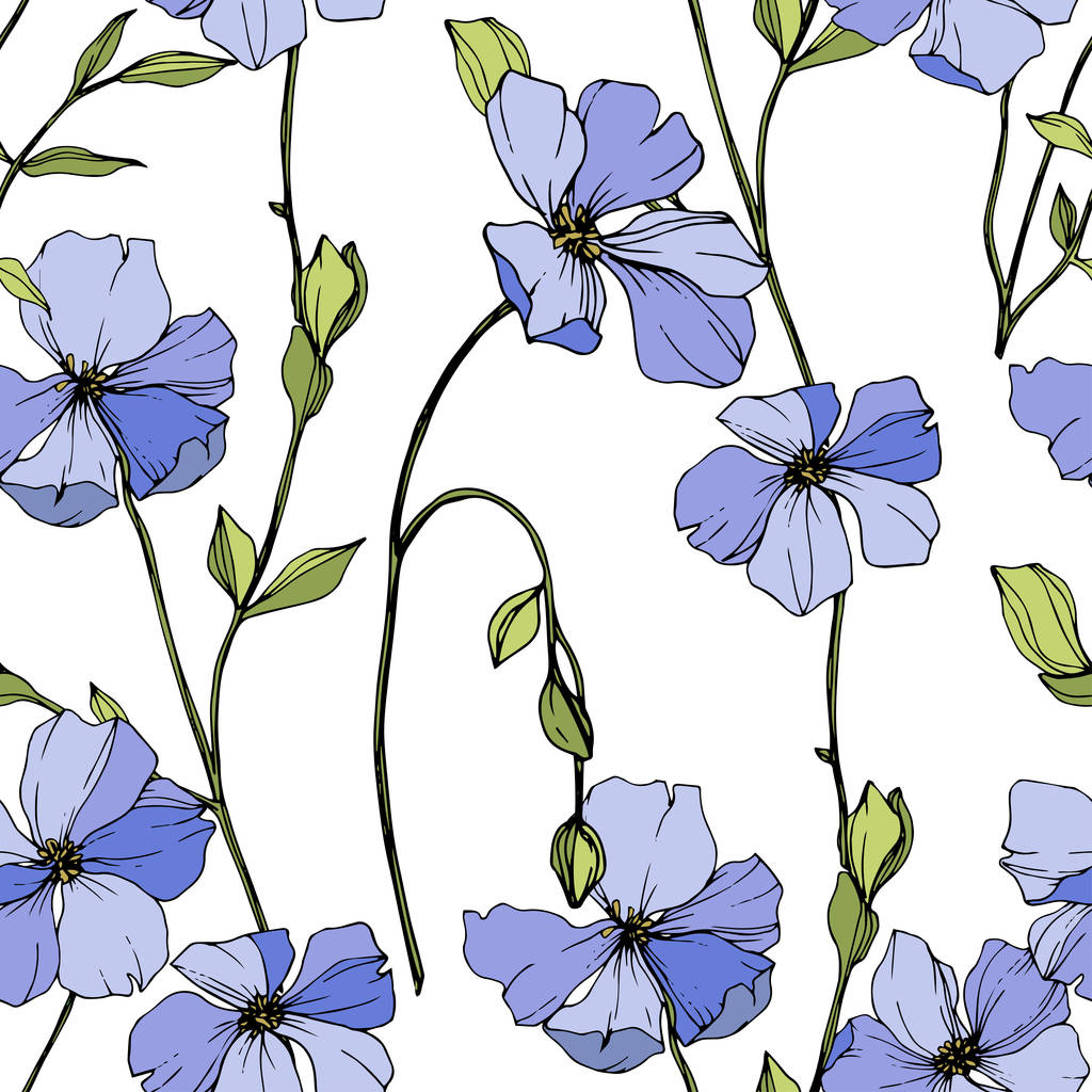 Vector Blue flax botanical flower. Engraved ink art. Seamless background pattern. Fabric wallpaper print texture. - Vector, Image