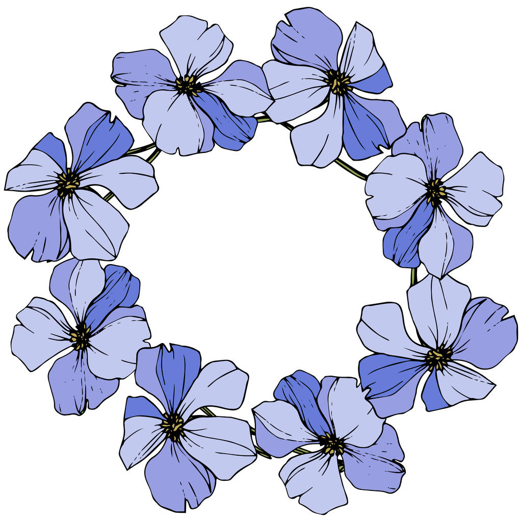Ανυσματικό μπλε λινάρι βοτανικό λουλούδι. Άγριο λουλούδι φύλλων ελατηρίου. Χαραγμένη τέχνη μελανιού. Κορνίζα περίγραμμα στολίδι τετράγωνο. - Διάνυσμα, εικόνα