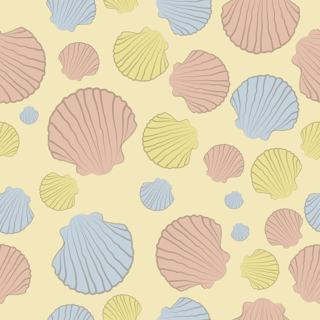 シームレスなパターン、ベージュの背景にカラフルな殻を持つベクトルです。eps 10 - ベクター画像