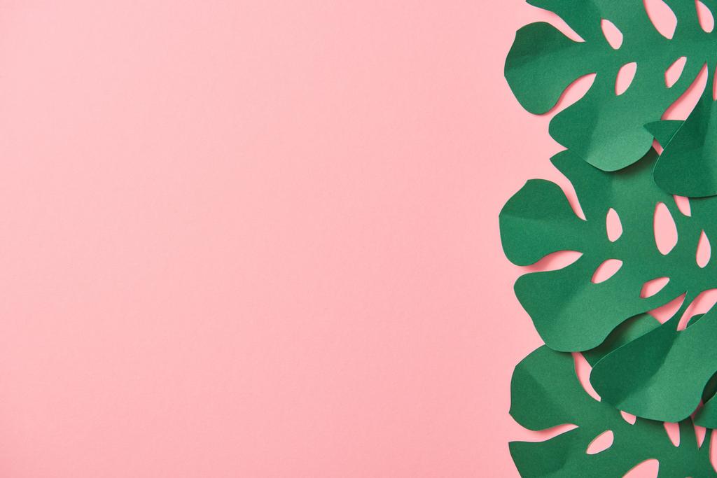 vista superior de hojas de palma verde sobre fondo rosa con espacio para copiar
 - Foto, Imagen