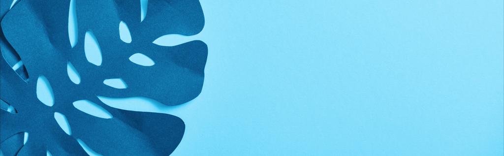vista superior de papel exótico azul cortar folhas de palma no fundo azul com espaço de cópia, tiro panorâmico
 - Foto, Imagem
