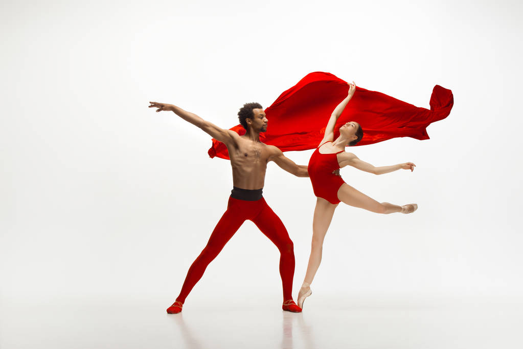 Молодая изящная пара артистов балета, танцующих на белом фоне студии
 - Фото, изображение