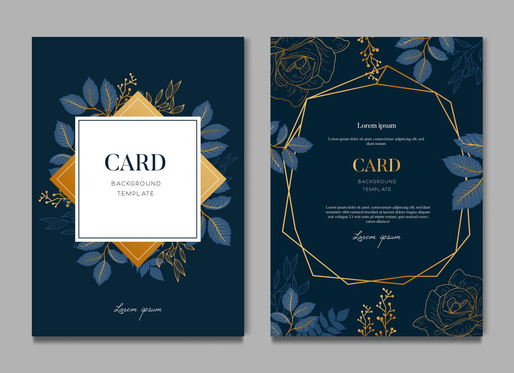 Navy Blue Card With Golden Leaves Card and Wedding Invitation Template - Vector, Image