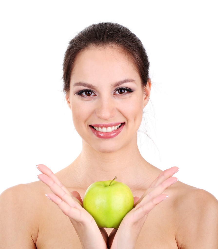 χαμογελαστή γυναίκα με το μήλο που απομονώνονται σε λευκό - Φωτογραφία, εικόνα