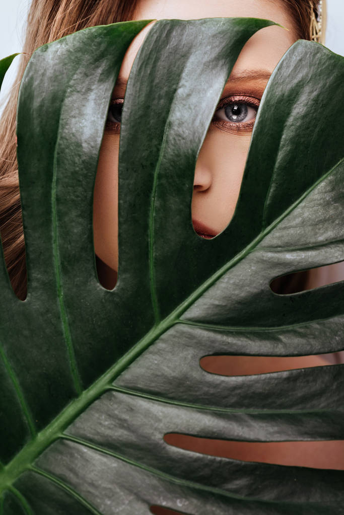 Portret van jonge en mooie vrouw in tropische bladeren. - Foto, afbeelding
