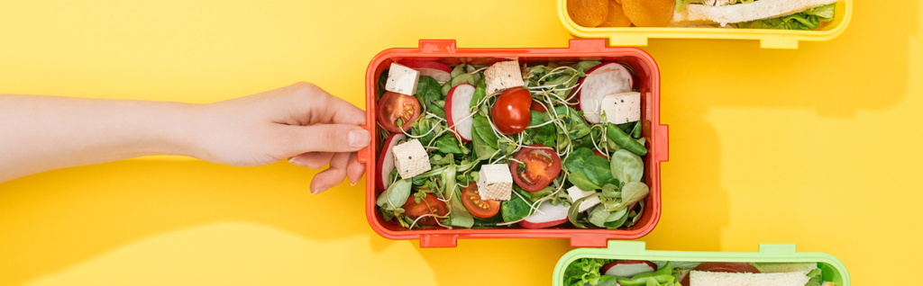 abgeschnittene Ansicht der Frau, die Lunchbox mit Lebensmitteln auswählt - Foto, Bild