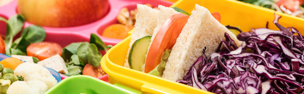 panoramische shot van lunchboxen met eten, close-up weergeven - Foto, afbeelding