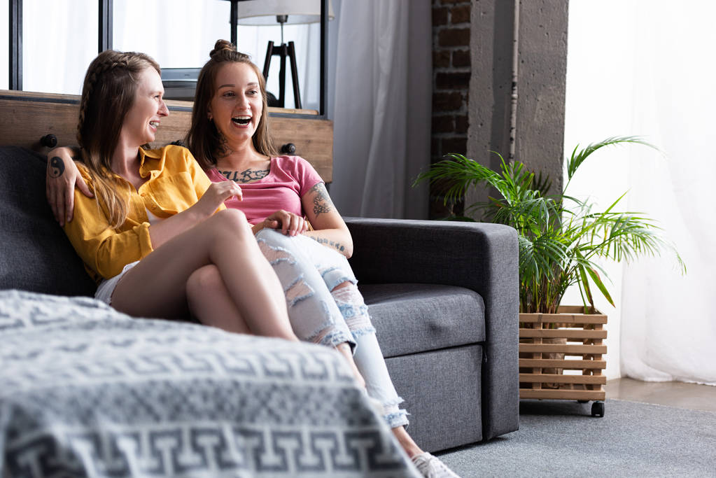 две симпатичные лесбиянки обнимаются, сидя на диване в гостиной
 - Фото, изображение